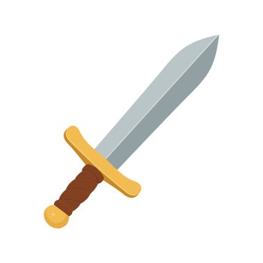 Bir çizgi film kılıcında gümüş bir bıçak, kahverengi deri bir kabza ve altın renkli bir koruma bulunur. Bu tasarım bir fantezi ya da tarihi tema önerir.