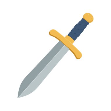 Bu illüstrasyonda gri bıçaklı, altın kaplama ve mavi kabzalı stilize bir kılıç görülüyor. Kılıç sade beyaz bir arkaplanda izole edilmiştir..