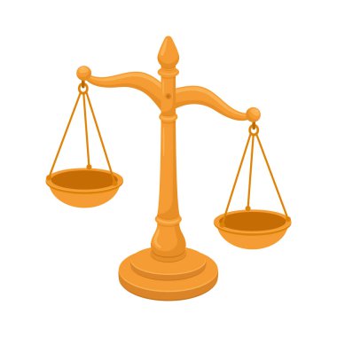 Adaletin altın pullarının karikatür çizimi beyaz bir zeminde izole edilir. Teraziler hukuku ve adalet arayışını temsil ediyor. Denge ve hassasiyet adaleti simgeler..