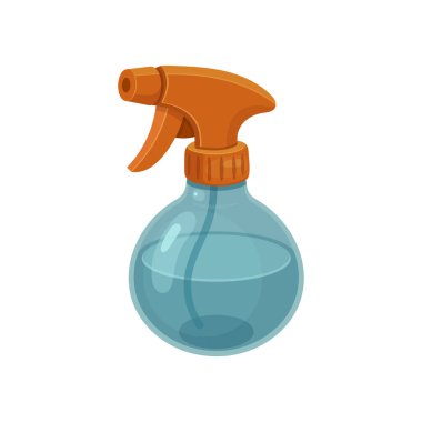 Yuvarlak, mavi, berrak bir sprey şişenin çizgi film görüntüsü. Şişe şeffaf bir sıvıyla dolu. Turuncu sprey hortum ve sapı şişenin üstünde..
