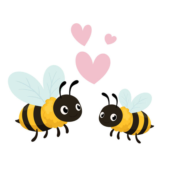 Изображение двух мультяшных пчел, плавающих в воздухе, лицом друг к другу с милыми большими глазами. Розовые сердца плавают между ними на обычном белом фоне.
