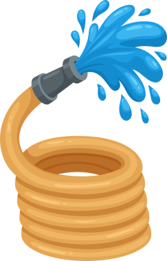 Taba rengi bahçe hortumunun tasviri düzgünce sarılmış. Gri bir hortum hortuma bağlanır ve mavi bir su fışkırır. Arkaplan siyah.