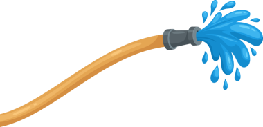 Bir çizgi film, mavi suyu dışarı atan gri bir başlıklı bronz bir hortumu tasvir eder. Hortum yavaşça kıvrılır ve siyah arkaplandaki spreyden su damlacıkları oluşur..