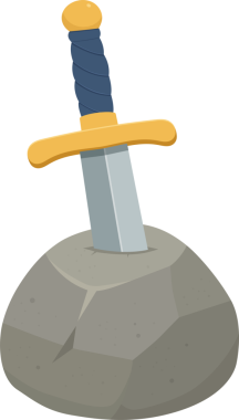 Bir karikatür resmi gri bir kayanın içine sıkıca gömülmüş bir kılıcı sergiler. Kılıç mavi bir tutuş, altın bir kabza ve gümüş bir bıçak içerir. Arka plan karanlık..