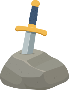 Mavi saplı bir çizgi film kılıcı ve altın yaya geçidi büyük gri bir kayaya sıkışmış. Sahne folklor ya da sihirli bir masal içeriyor..