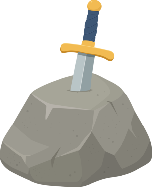 Görüntü karikatür tarzı bir kılıcı gösteriyor, kısmen bir kayanın içine gömülmüş. Kılıcın altın bir kabzası ve mavi bir kabzası var. Kaya açık gri renktedir..