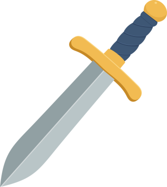Metalik gümüş bir bıçak, altın renkli bir haç muhafızı ve koyu mavi bir sapın yer aldığı ortaçağ tarzı bir kılıcın çizimi. Arka plan simsiyah..