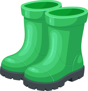 Bu resim bir çift canlı yeşil çizme gösteriyor, çizgi film tarzı lastik çizmeler kalın, gri tabanlı, ıslak ve çamurlu koşullarda ayakları kuru ve temiz tutmak için mükemmel.