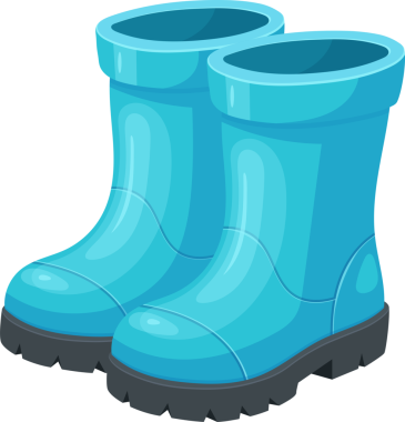 Yuvarlak ayak parmağı ve koyu gri tabanlı parlak mavi lastik çizmeler. Bu botlar ıslak ya da çamurlu ortamlarda gezinmek için mükemmel..