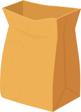 Bu resim düz, açık kahverengi bir kesekağıdının çizgi film tasviri. Çanta boş ve siyah bir yüzey üzerinde dikiliyor. Çantanın tasarımı basit ve açıklayıcı..