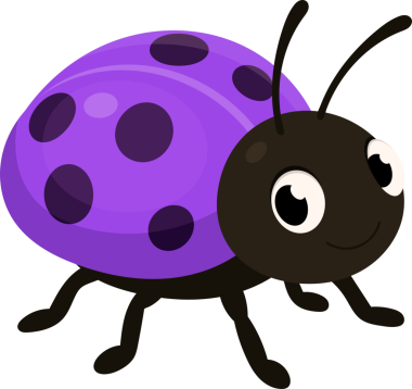 Siyah lekelerle süslenmiş mor kabuklu çekici bir uğur böceğinin çizimi, simsiyah bir arkaplana karşı duruyor. Hoş bir gülümsemesi var..