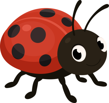 Kırmızı benekli kabuklu, siyah başlı, antenli ve bacaklı bir uğur böceği çizimi. Mutlu bir ifadesi var. Nazik bir gülümsemesi ve büyük gözleri var..