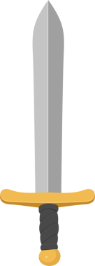 Tarzlı bir karikatür resmi, altın haçlı gümüş bir kılıç ve koyu siyah bir arka planda koyu gri bir tutuş gösteriyor. Kılıcın basit bir şekli var..