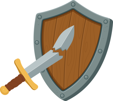 Gri metalle çevrili ahşap bir kalkanın karikatür çizimi. Kırık bir kılıcı delip geçiyor. Bu da zayıf bir savunma ve mağlubiyeti gösteriyor..