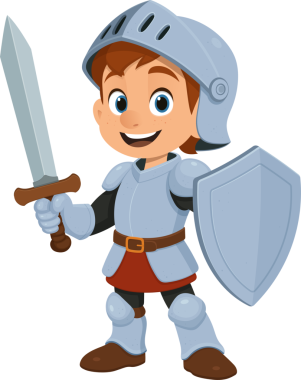 Şövalye zırhı giymiş neşeli bir çizgi film çocuğu. Bir elinde bir kılıç, diğer elinde bir kalkan var. Maceraya ve cesarete hazır..