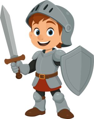 Orta çağ şövalyesi gibi giyinmiş, kaskı, zırhı, kılıcı ve kalkanı olan gülümseyen bir çocuk çizgi filmi. O, hafif bir gülümsemeyle özgüvenle ayakta duruyor..