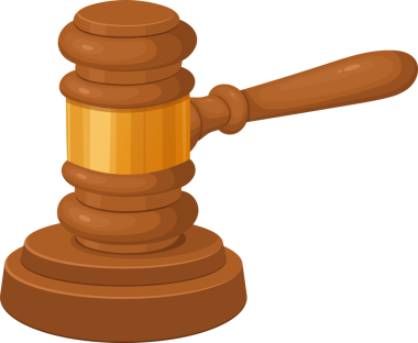 Bir çizgi film stili kahverengi tokmak uçta duruyor. Sapı sağa doğru eğik, üzerinde altın bir şerit var. Tokmak kanun ve düzeni temsil eder..