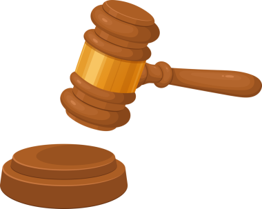 Çizgi filmdeki bir resimde ahşap bir tokmak seslendirme bloğunun üzerinde duruyor. Görüntü, mahkeme kararında adalet, otorite ve hukuki kararın göstergesi..