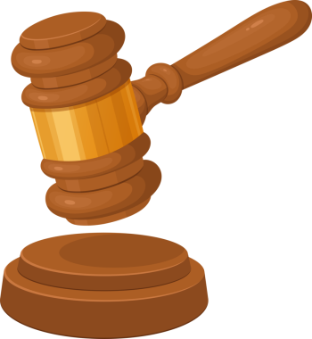 Kahverengi ahşap bir tokmağın çizgi film tasviri, yuvarlak başlı ve saplı, uyumlu bir ses bloğunda oturan, yargı sistemini sembolize eden.