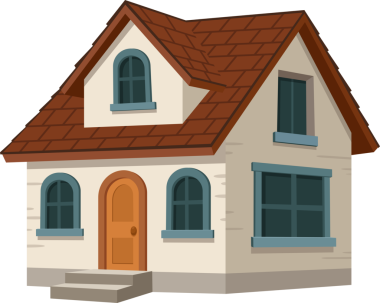 Çekici, çizgi film tarzı bir evde kırmızı kiremitli bir çatı, krem rengi bir dış görünüş, kemerli pencereler ve basit bir sanat tarzında sunulan küçük adımlı ahşap bir kapı bulunur..