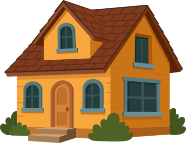 Kahverengi çatılı, sarı kaplamalı, kemerli pencereli ve uyumlu kapısı olan çizgi film tarzı bir ev. Yeşil çalılar yapıyı vurguluyor, sakin bir yerleşim yeri olduğunu gösteriyor..