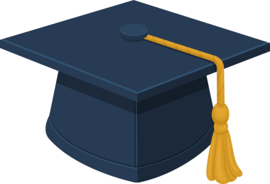 Bu, mezuniyet şapkasının düz bir çizimi, mavi kare bluzu ve aynı tabanı var. Şapkanın ortasında sarı bir püskül asılı. Görüntü akademik başarıyı simgeliyor..