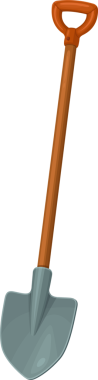 Bu, uzun saplı bir bahçe küreğinin çizgi film tarzı bir çizimi. Turuncu plastik saplı ahşap bir sapı var. Kürek çelik renkli..