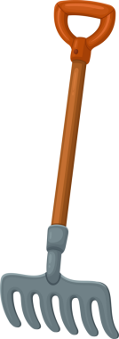 Gri kafalı ve dişli, stilize edilmiş bir bahçe tırmığı. Kahverengi sapı ve turuncu D şeklinde sapı var. Tırmık, siyah bir arka planda izole edilmiş..