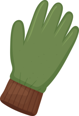 Tek bir yeşil eldiven çizgi film tarzında tasvir edilir, kış boyunca elinizi soğuk havadan korumak için mükemmeldir. Eldivende kahverengi bir kelepçe var..