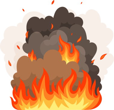 Şekillendirilmiş bir resimde, kompozisyonun alt kısmını yutan parlak turuncu ve sarı alevli büyük bir çizgi film ateşi sergileniyor. Koyu gri ve açık kahverengi duman bulutları yükselir ve süzülen közler.