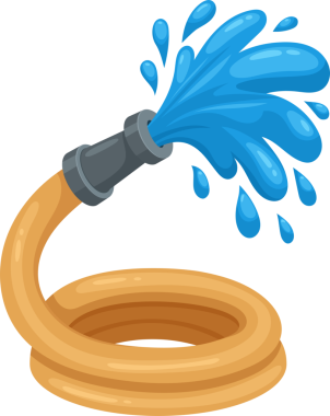 Bir çizgi film görüntüsü, gevşek sarılmış, bronzlaşmış bahçe hortumunu gösteriyor. Hortum hortumu bir çizgi film spreyi fırlatır. Mavi su damlacıkları katı siyah arkaplana çarpar..