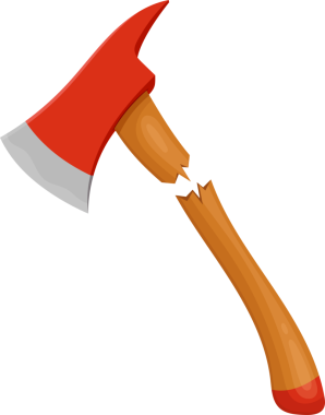 Siyah bir arka planda izole edilmiş, tahtadan saplı kırmızı ve gümüş bir baltanın olduğu bir resim. Balta yıpranmış, sapı ortadan kırılmış..