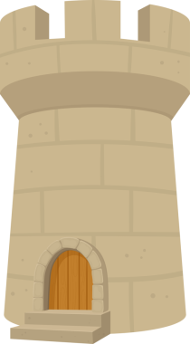 Tahta kapılı ve taş kemerli bronzlaşmış bir ortaçağ kulesi tasviri. Kulede siperler ve girişe çıkan merdivenler var..