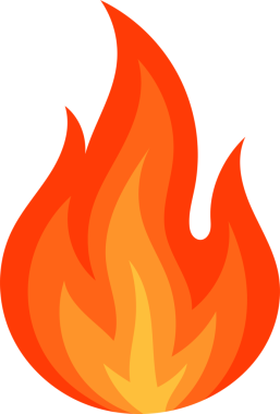 Siyah arka planda yangın alevleri görülüyor. Alevler, turuncu ve sarı bir gradyan içerir. Isı ve ışık, stilize bir tasarım ile taşınır..