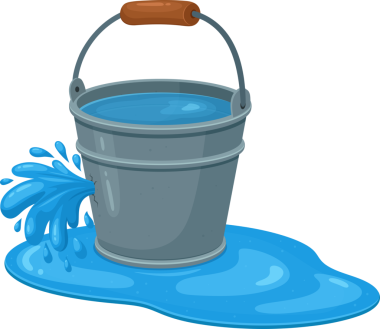 Bu resim mavi suyla dolu kahverengi saplı gri bir kova gösteriyor. Kovanın kenarında bir delik var, içinden su fışkırıyor ve bir su birikintisi oluşturuyor..