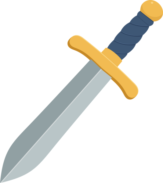Metalik gümüş bir bıçak, altın renkli bir haç muhafızı ve koyu mavi bir sapın yer aldığı ortaçağ tarzı bir kılıcın çizimi. Arka plan simsiyah..