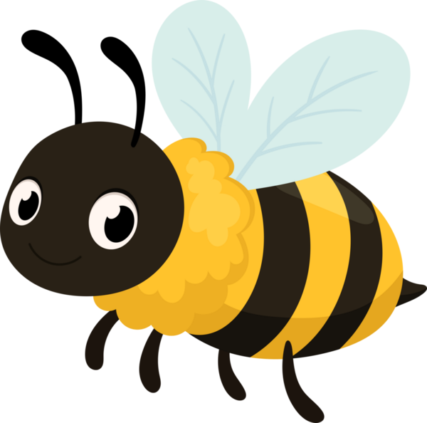 Arının neşeli bir çizgi film çizimi. Filmde sarı ve siyah çizgili klasik arı boyası, şeffaf kanatlar ve güler yüzlü arkadaş canlısı bir yüz yer alıyor..