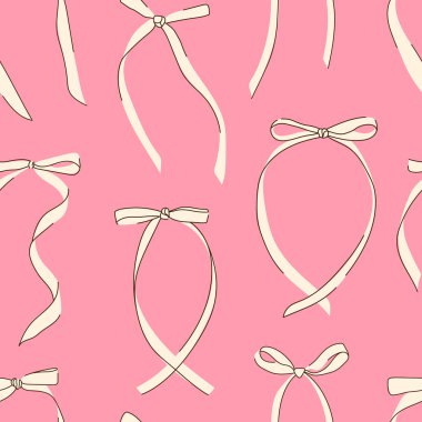Pembe arka planda pürüzsüz fiyonklar. Fiyonklar, düğümler, hediye yayları. Fiyonklar elle bağlanmış ve düz stil. Beyaz fiyonk seti