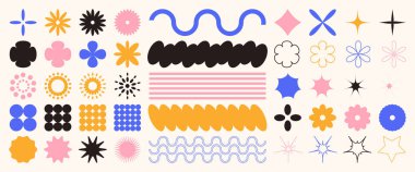 Modern soyut figürler ve çizgiler. Retro-stil şekiller. Posterler, afişler, çıkartmalar ve çıkartmalar tasarlamak için elementler. Yıldızların, çiçeklerin, şekillerin ve çizgilerin vektör illüstrasyonu