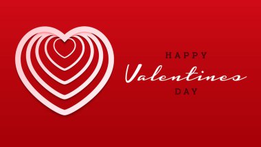 Sevgililer günün kutlu olsun. Kağıt kesim gerçekçiliğiyle geçmiş geçmiş. Kağıt bulutlar, ipin üzerinde uçan gerçekçi kalp. Pembe pankart parti davetiye şablonu. Kopyalama alanı üzerinde yazı imzası.