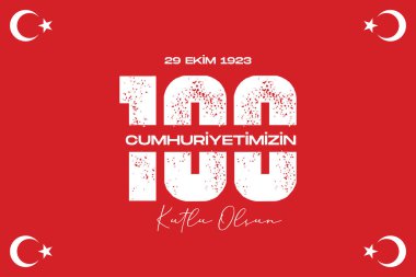 Türkiye Cumhuriyeti 'nin 100. yılı. (Türkçe: Cumhuriyetimiz 100 yanda) Türkiye Cumhuriyeti 100 yaşında. Vektör illüstrasyonu, poster, kutlama kartı, grafik, post ve hikaye tasarımı.