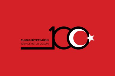 Türkiye Cumhuriyeti 'nin 100. yılı. (Türkçe: Cumhuriyetimiz 100 yanda) Türkiye Cumhuriyeti 100 yaşında. Vektör illüstrasyonu, poster, kutlama kartı, grafik, post ve hikaye tasarımı.