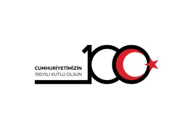 Türkiye Cumhuriyeti 'nin 100. yılı. (Türkçe: Cumhuriyetimiz 100 yanda) Türkiye Cumhuriyeti 100 yaşında. Vektör illüstrasyonu, poster, kutlama kartı, grafik, post ve hikaye tasarımı.