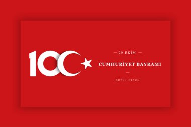 Türkiye Cumhuriyeti 'nin 100. yılı. (Türkçe: Cumhuriyetimiz 100 yanda) Türkiye Cumhuriyeti 100 yaşında. Vektör illüstrasyonu, poster, kutlama kartı, grafik, post ve hikaye tasarımı.