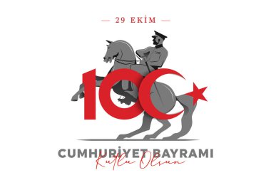 Türkiye Cumhuriyeti 'nin 100. yılı. (Türkçe: Cumhuriyetimiz 100 yanda) Türkiye Cumhuriyeti 100 yaşında. Vektör illüstrasyonu, poster, kutlama kartı, grafik, post ve hikaye tasarımı.