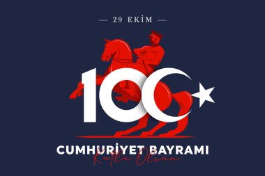 Türkiye Cumhuriyeti 'nin 100. yılı. (Türkçe: Cumhuriyetimiz 100 yanda) Türkiye Cumhuriyeti 100 yaşında. Vektör illüstrasyonu, poster, kutlama kartı, grafik, post ve hikaye tasarımı.