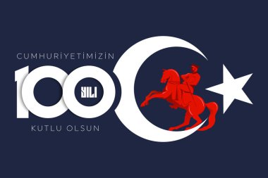 Türkiye Cumhuriyeti 'nin 100. yılı. (Türkçe: Cumhuriyetimiz 100 yanda) Türkiye Cumhuriyeti 100 yaşında. Vektör illüstrasyonu, poster, kutlama kartı, grafik, post ve hikaye tasarımı.