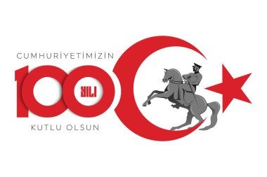 Türkiye Cumhuriyeti 'nin 100. yılı. (Türkçe: Cumhuriyetimiz 100 yanda) Türkiye Cumhuriyeti 100 yaşında. Vektör illüstrasyonu, poster, kutlama kartı, grafik, post ve hikaye tasarımı.