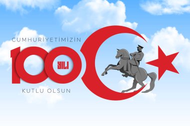 Türkiye Cumhuriyeti 'nin 100. yılı. (Türkçe: Cumhuriyetimiz 100 yanda) Türkiye Cumhuriyeti 100 yaşında. Vektör illüstrasyonu, poster, kutlama kartı, grafik, post ve hikaye tasarımı.