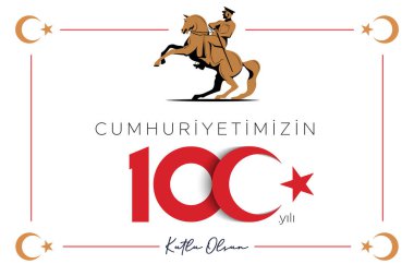 Türkiye Cumhuriyeti 'nin 100. yılı. (Türkçe: Cumhuriyetimiz 100 yanda) Türkiye Cumhuriyeti 100 yaşında. Vektör illüstrasyonu, poster, kutlama kartı, grafik, post ve hikaye tasarımı.
